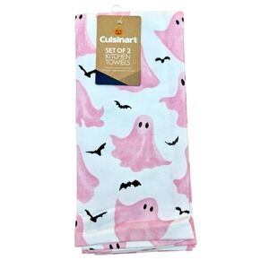 Cuisinart Halloween Kitchen Towels Set of 2 Pink Ghost Bat Cotton NWT